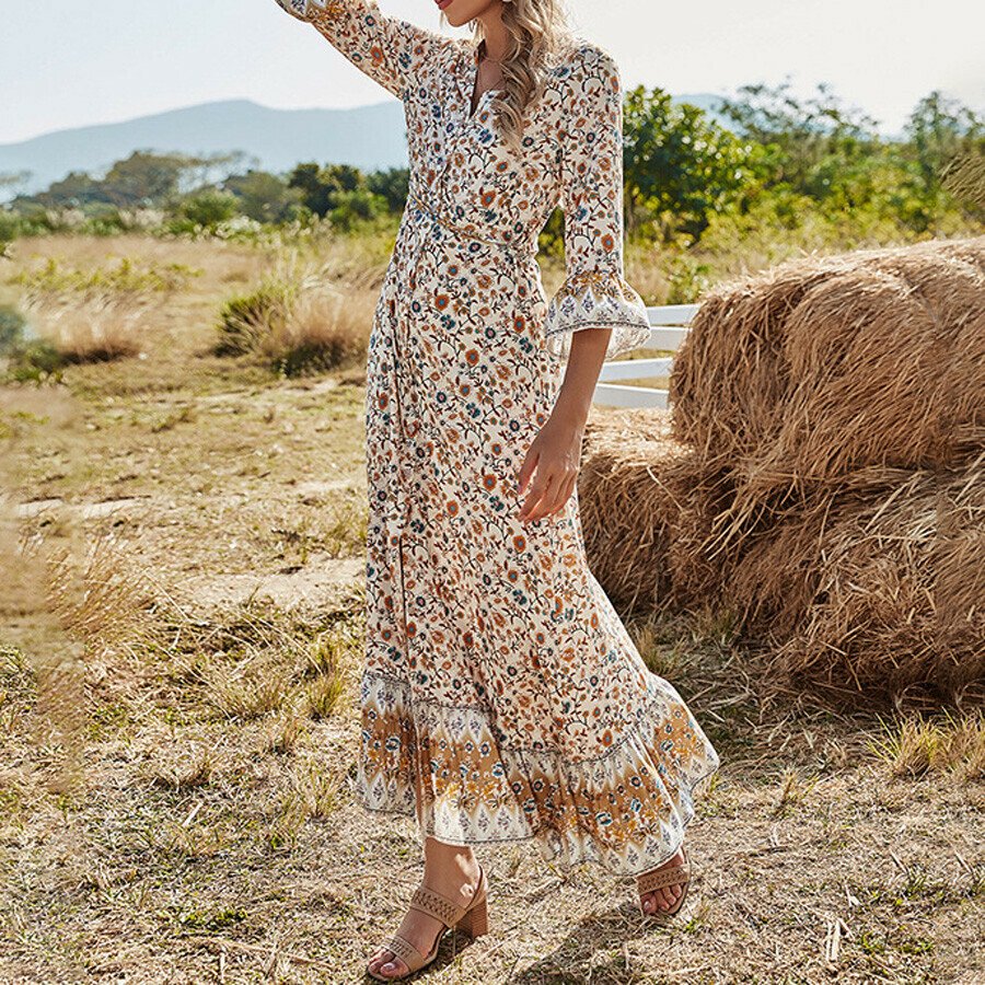 Women V-Neck Boho High Waist Maxi Dress