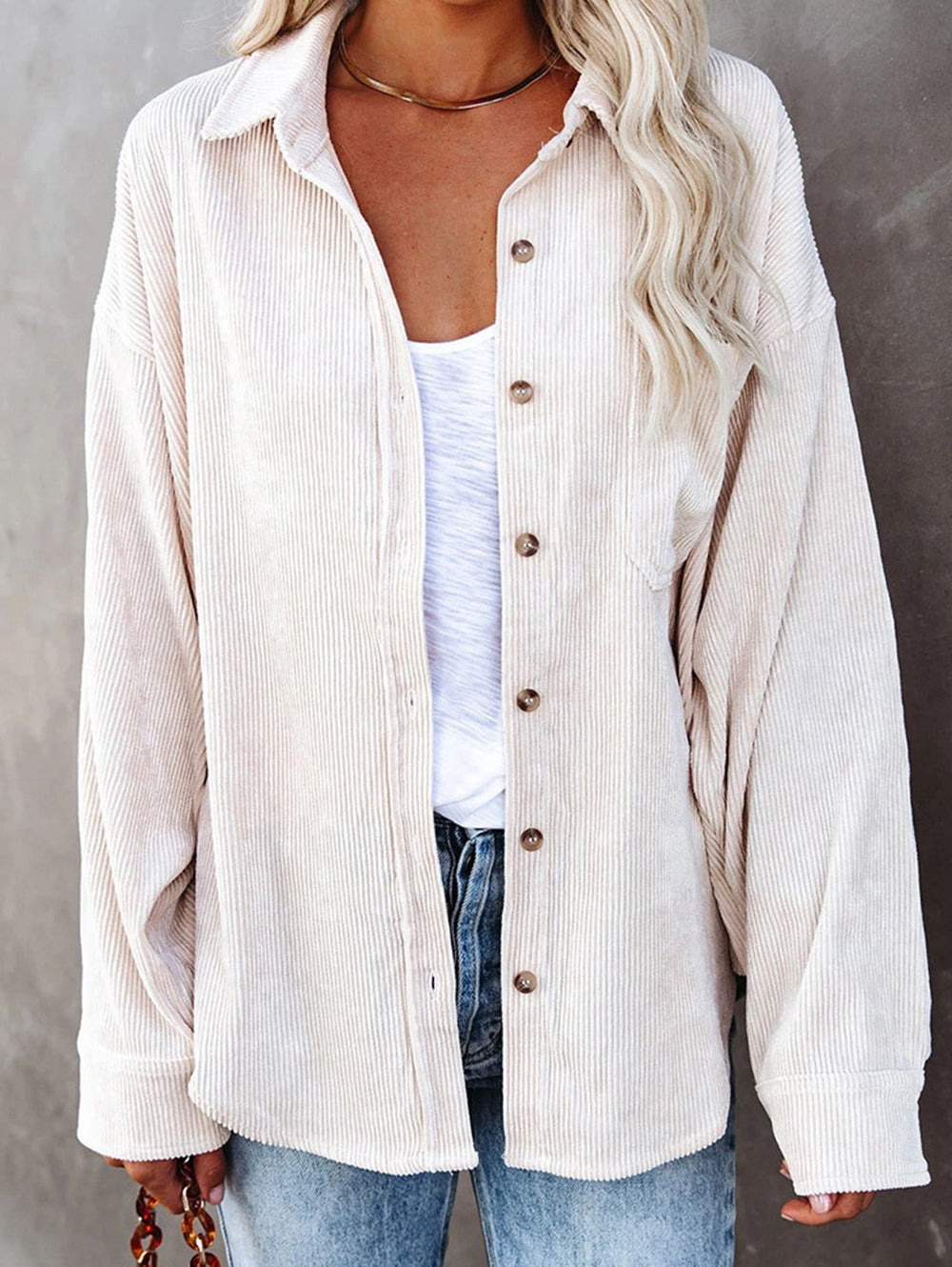 Ladies Corduroy Casual Loose Pocket Long Sleeve Shirt