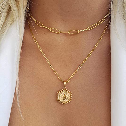 14K Gold Plated Cute Hex Alphabet Women's Gold Layered Necklace