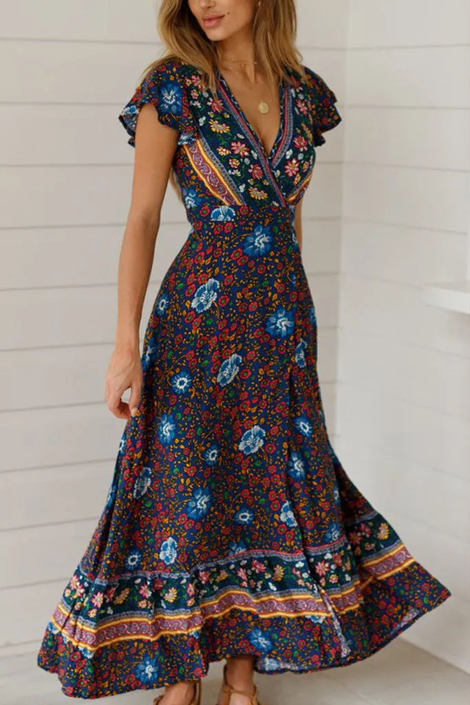 WOMEN'S BOHO V-NECK LONG MAXI DRESS