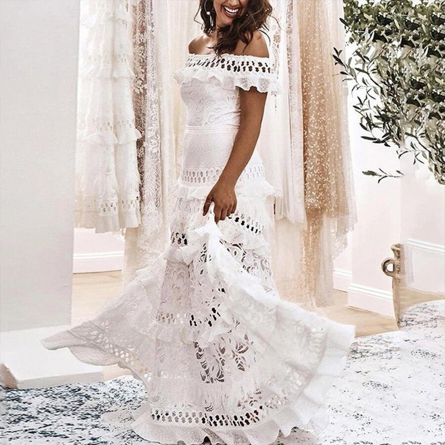 Off Shoulder Short Sleeve Bohemian Wedding Dress