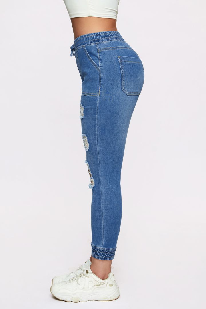 Midiross Ripped Drawstring Elastic Waist Pocket Detail Capris Jeans