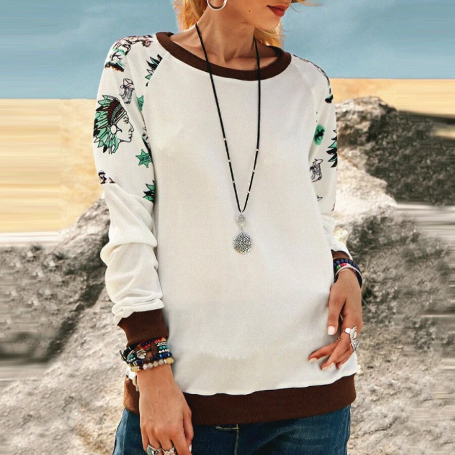 Ladies Western Ethnic Print Patchwork Sweatshirt