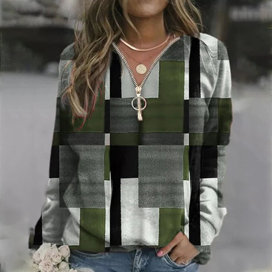 Ladies Retro V-neck Zipper Print Long Sleeve Sweatshirt