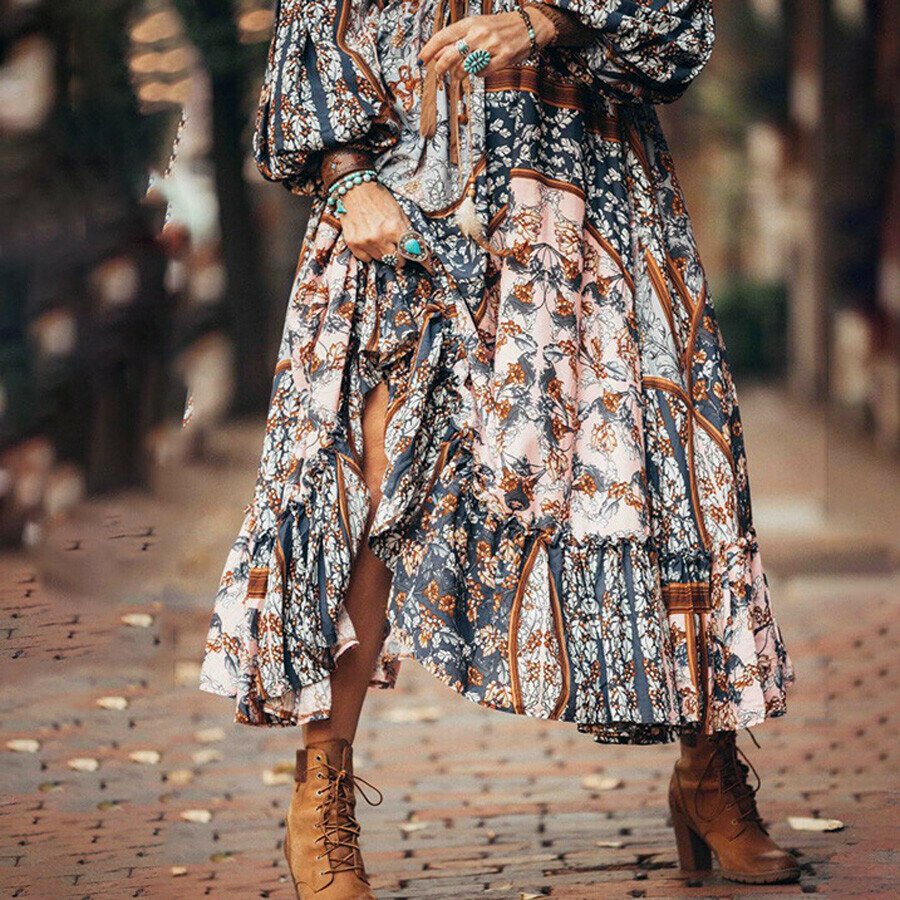 Bohemian Floral Printed Maxi Dress For Women