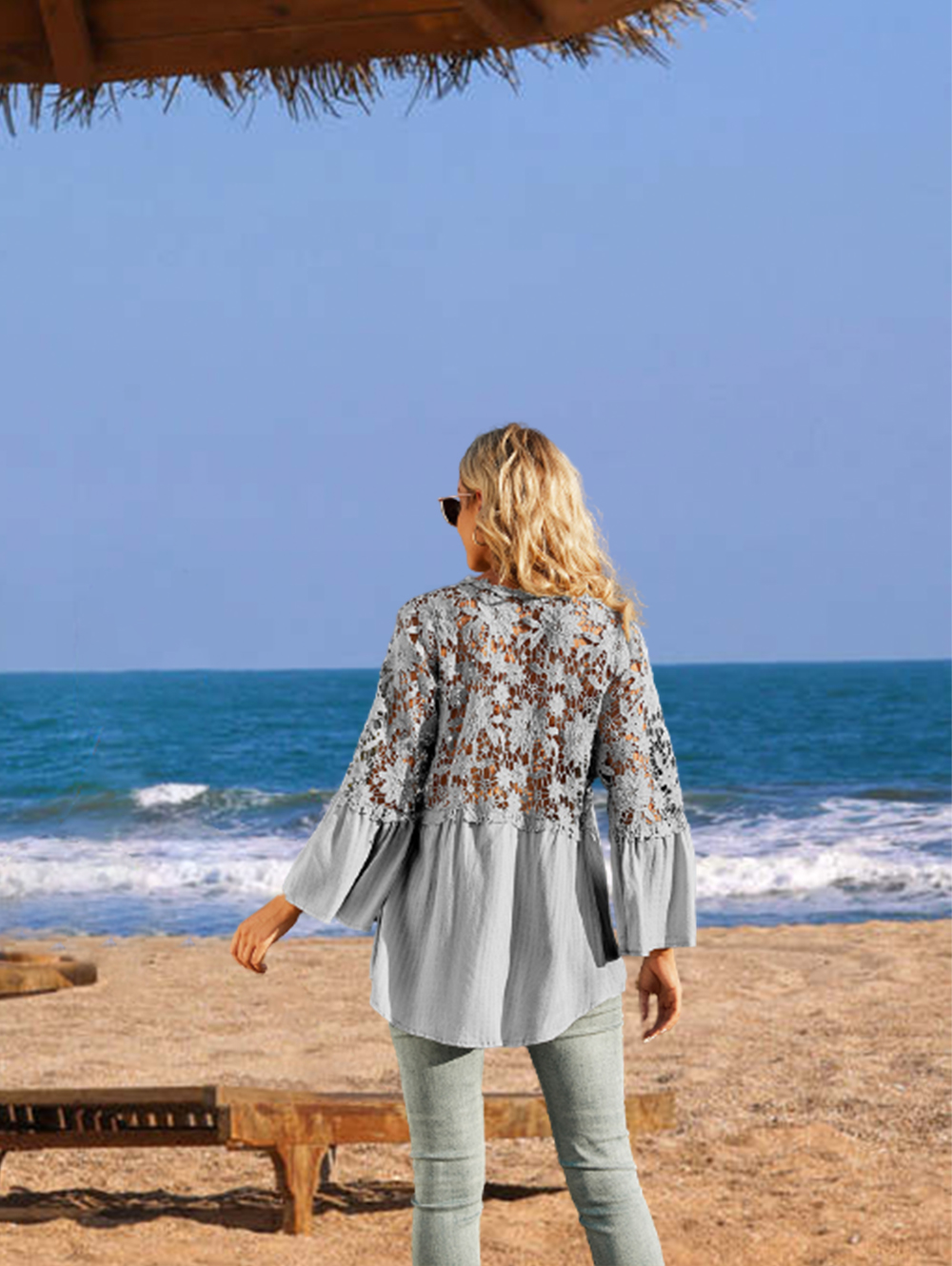 Womens Lace Crochet V Neck Long Sleeve Button Down Shirts Loose Blouses Tops