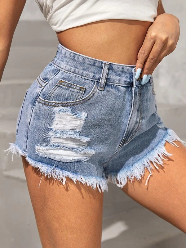 High Waist Ripped Raw Hem Denim Shorts