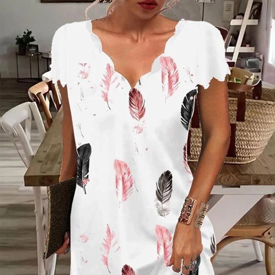 Women's Feather Print Wavy Low Cut V Neck Dress