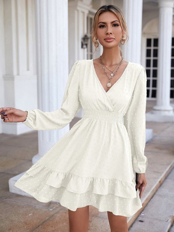 V-neck long sleeve ruffled trim A-line skirt commuter dress