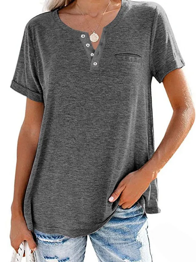 FASHION SOLID COLOR POCKET SHORT SLEEVE T-SHIRT