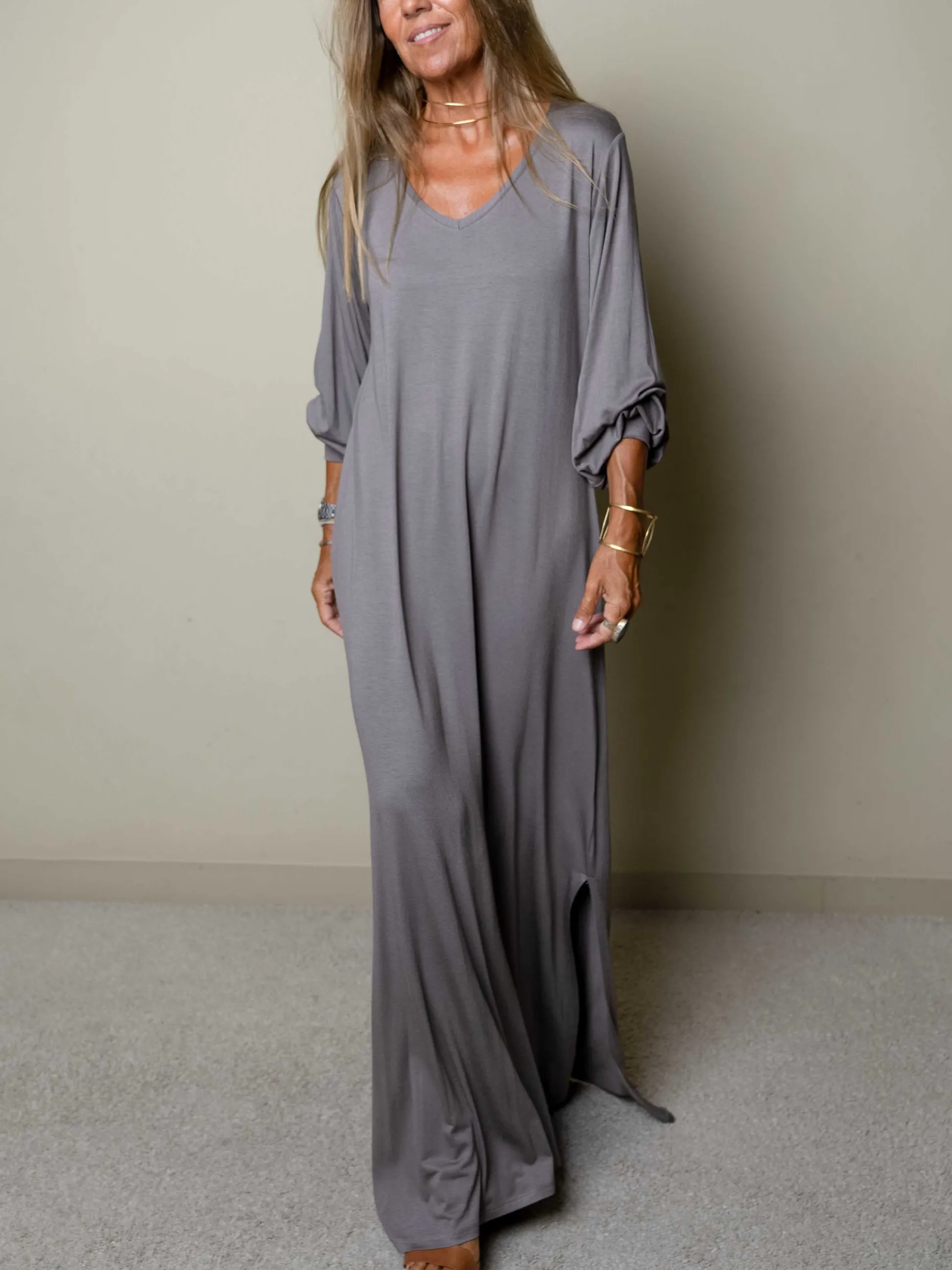 WOMEN CASUAL V-NECK MAXI DRESS