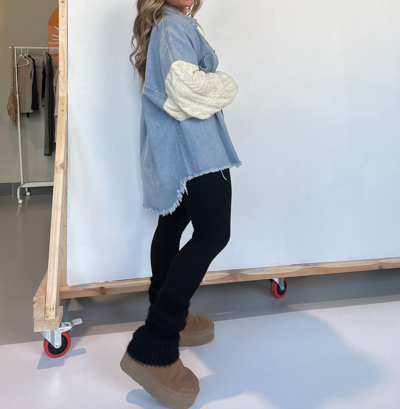 Cozy Sweater Sleeve Denim Shacket