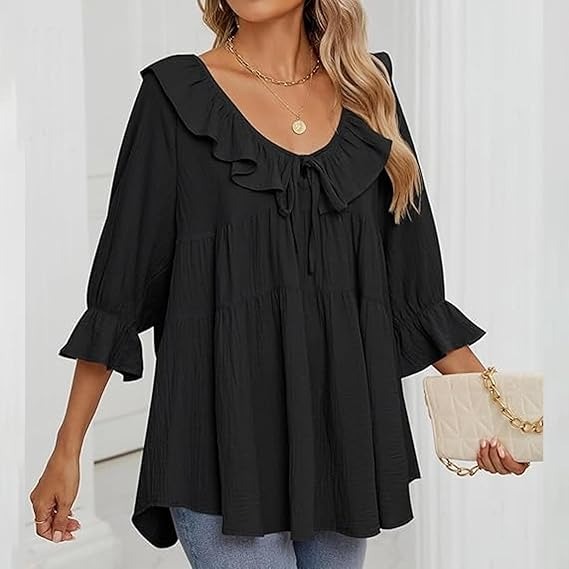 🔥HOT SALE🔥3/4 Sleeve Tee Round Neck Tie Front Layered Ruffle Shirt(BUY 2 FREE SHIPPING)
