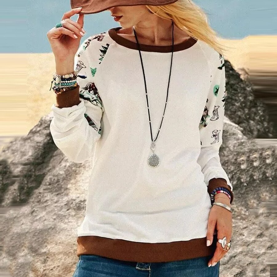 Ladies Western Ethnic Print Patchwork Sweatshirt