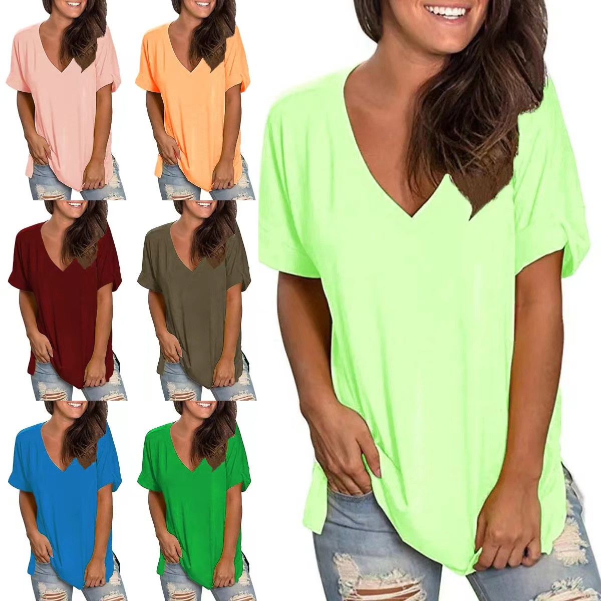 🔥🔥🔥🔥2023 Summer New V-Neck Side Slit Cotton T-Shirt