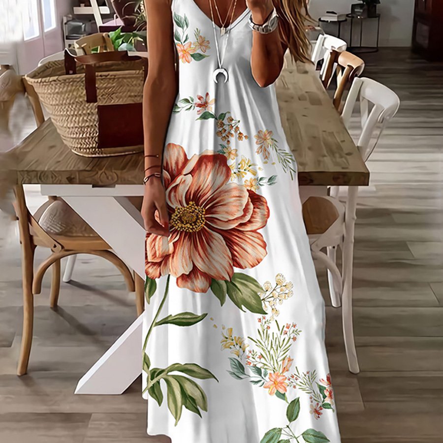 Women's Sleeveless Slim Fit Floral Print Low Cut V-Neck Sling Dress