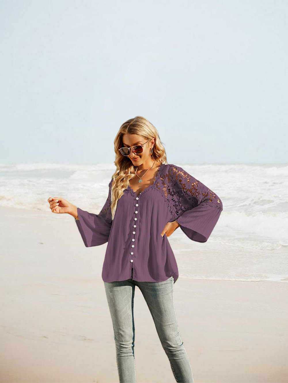 Womens Lace Crochet V Neck Long Sleeve Button Down Shirts Loose Blouses Tops