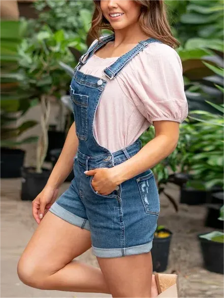 WOMEN'S DENIM OVERALL HIGH RISE SHORTS