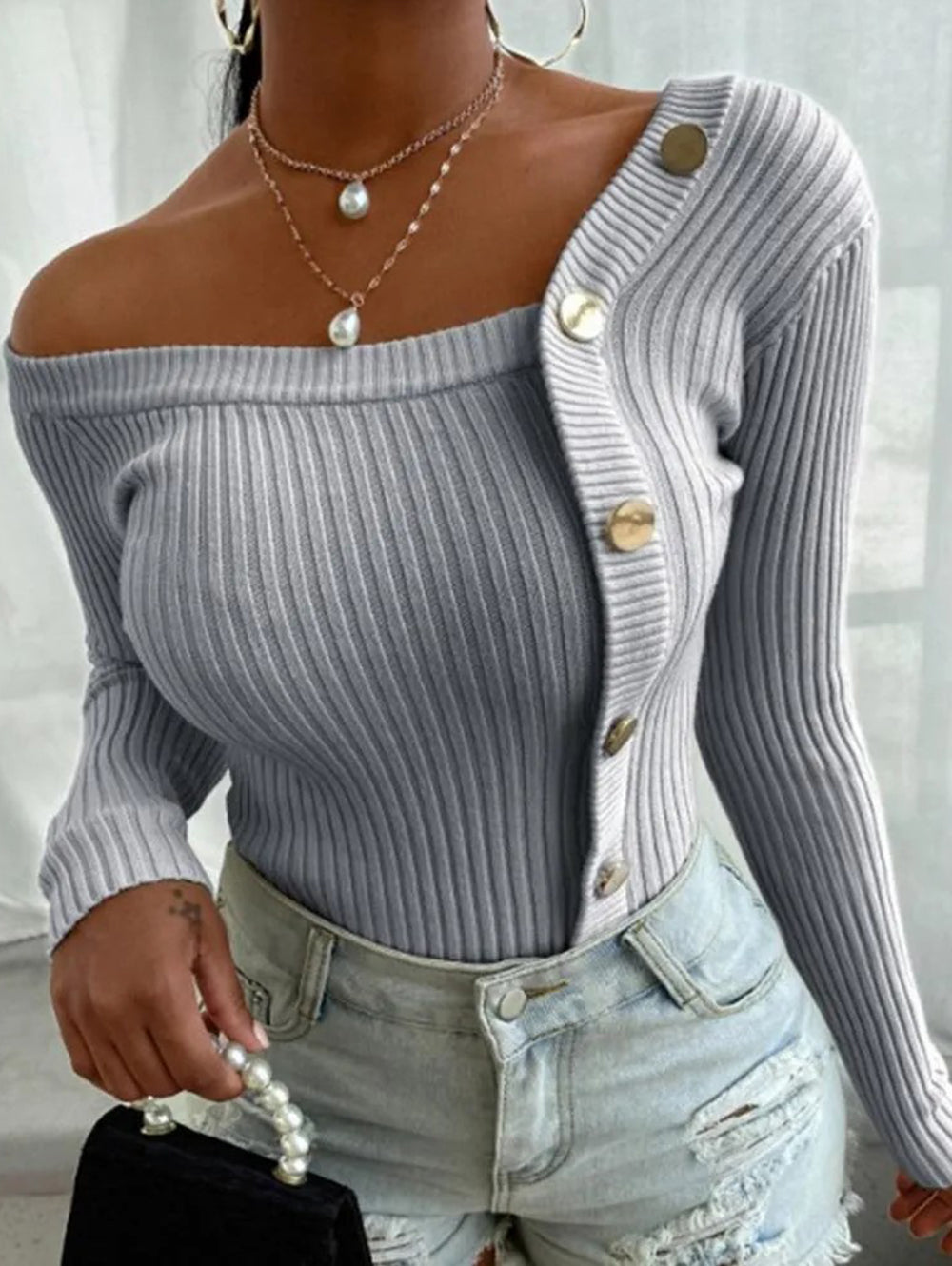 Rib-Knit Button Front Off Shoulder Sweater