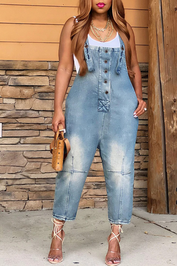 Fashion Casual Designer Style Denim Suspender Jumpsuit