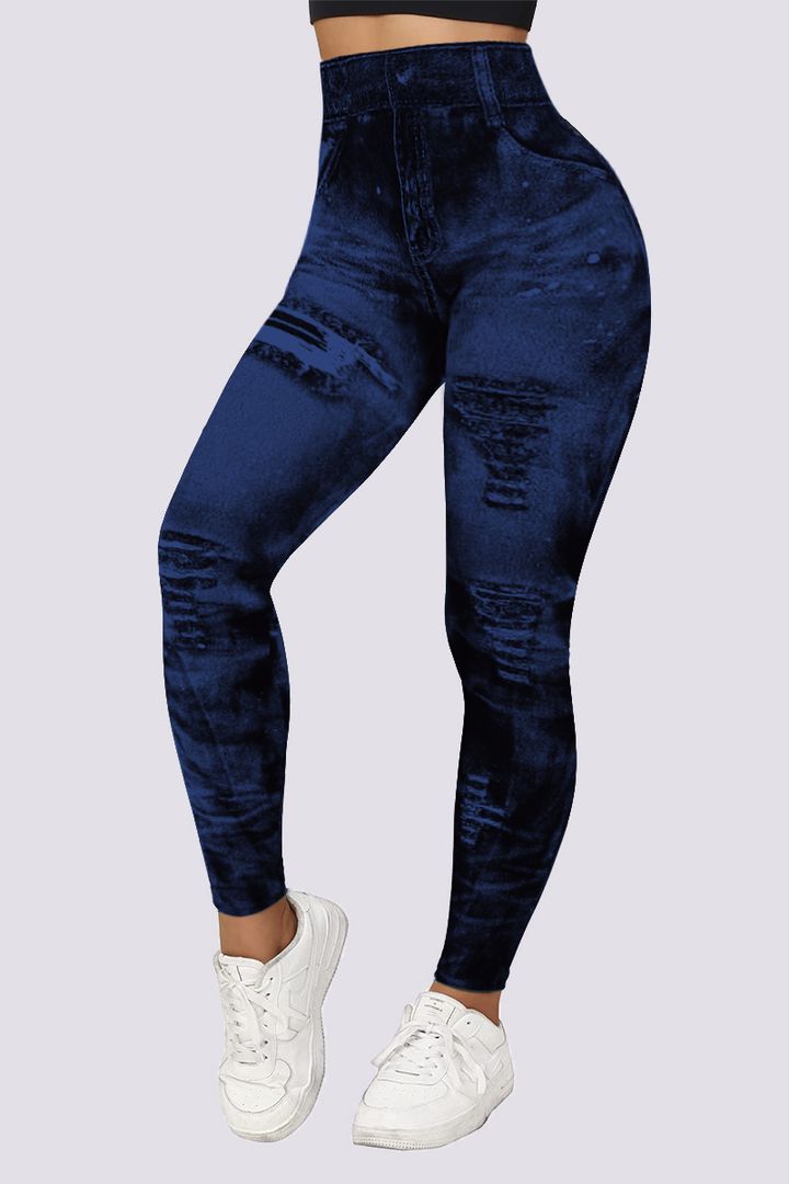 DENIM LOOK HIGH WAIST SPORTS LEGGINGS