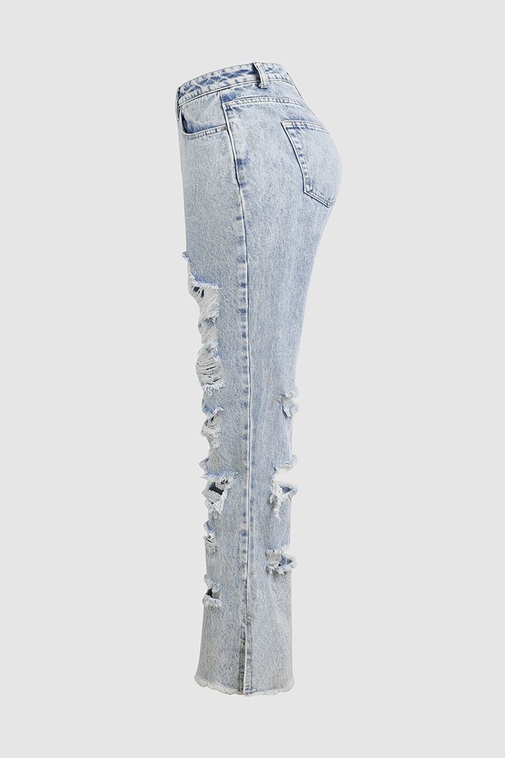 Distressed Frayed Split Hem Straight Leg Jeans