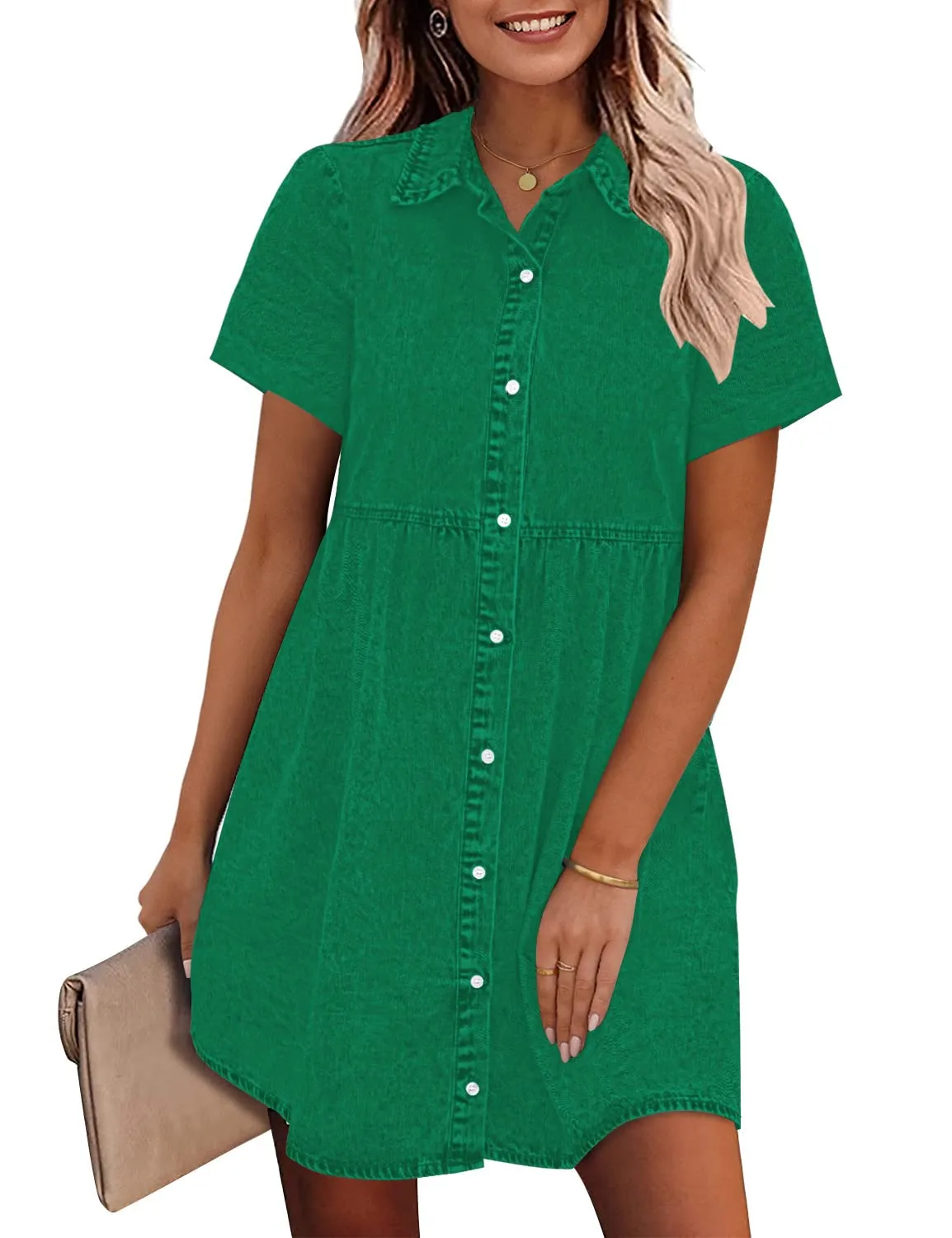 🔥🔥🔥🔥Women's Short Sleeve Button Down Flowy Tiered Babydoll Denim Dress