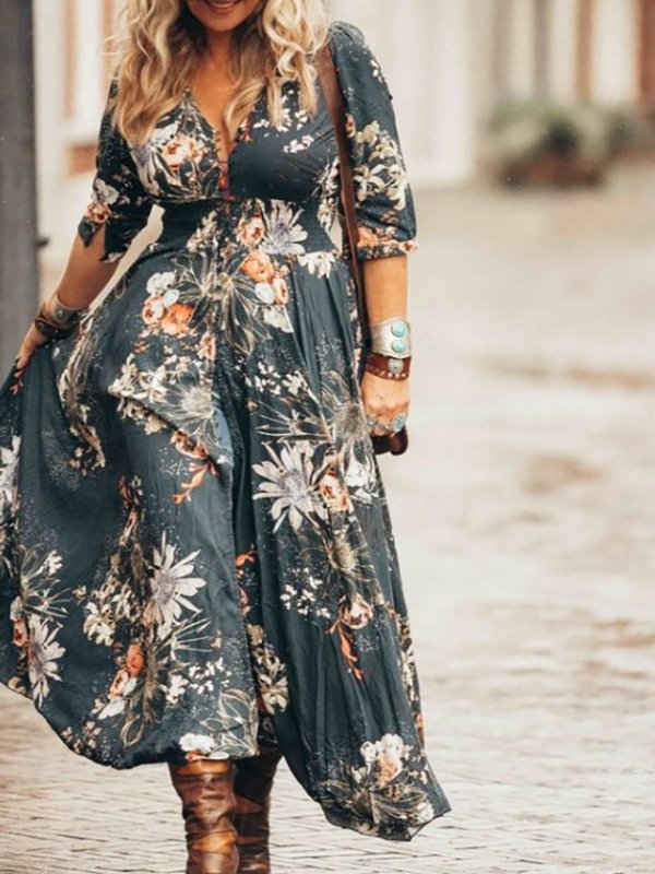 Statement print design V-neck sexy dress