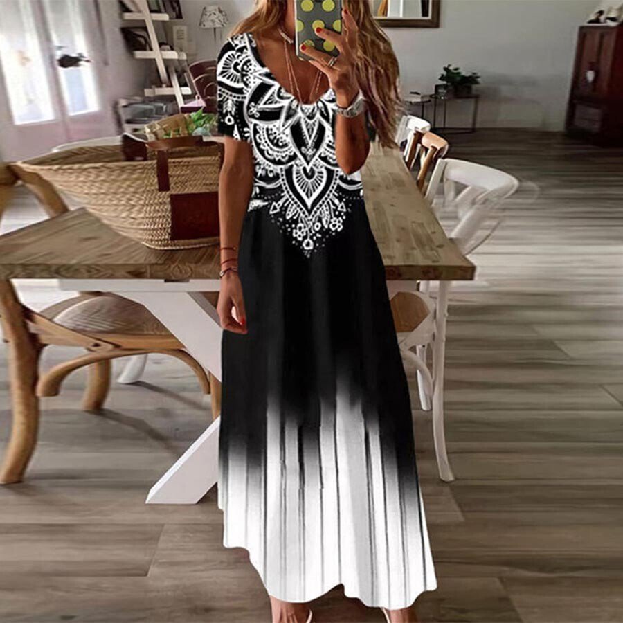 Women's Bohemian Floral Print Short-Sleeve V-Neck Dress