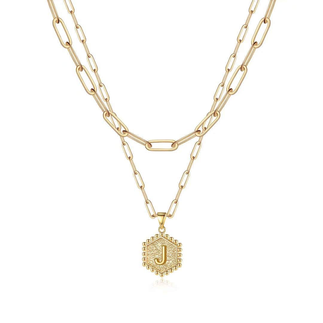 14K Gold Plated Cute Hex Alphabet Women's Gold Layered Necklace