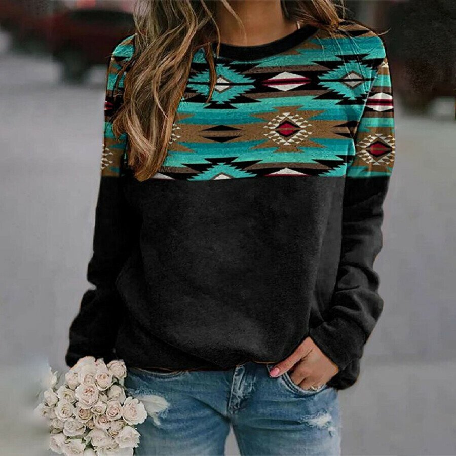 Western Ethnic Print Long Sleeve Sweater