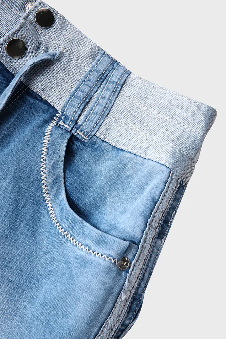 Midiross Drawstring Contrast Binding Ripped High Waist Denim Skort