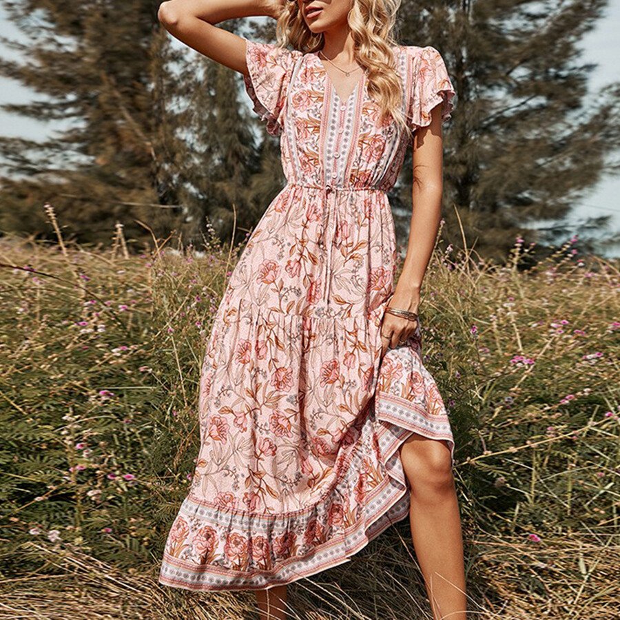 Crewneck Lace-Up Pink Print Midi Dress