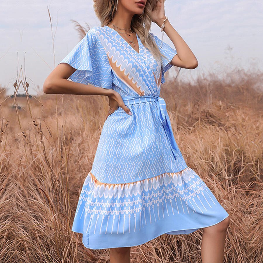 Ladies Fashion Lace Up Short Sleeve Printed V-Neck Pleated Dress