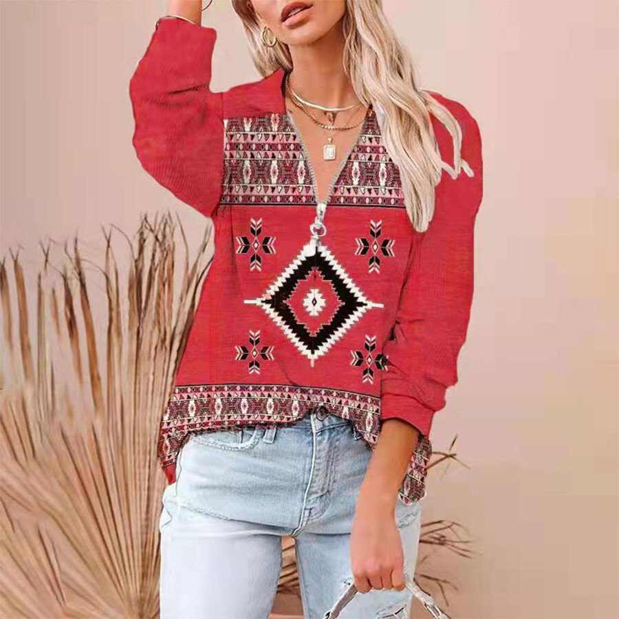 Ladies Retro Zip Lapel Printed Sweatshirt