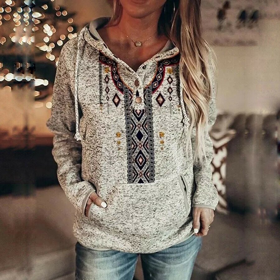 Women's Vintage Print Casual Pocket Fleece Hoodie & Sweatshirt
