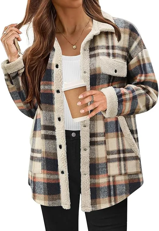 🔥🔥🔥🔥Women's Fleece Flannel Button Down Plaid Shacket Jacket