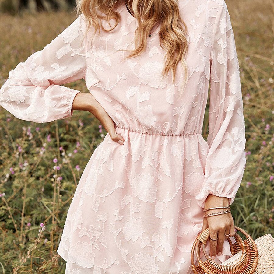 Pink Crewneck Elasticated Long-Sleeved Dress