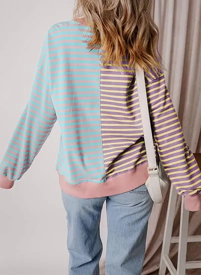 🔥🔥🔥🔥Womens Oversized Sweatshirts Striped Color Block Crewneck Sweatshirt