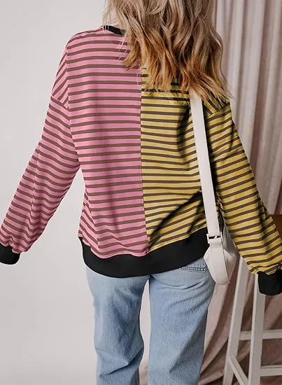 🔥🔥🔥🔥Womens Oversized Sweatshirts Striped Color Block Crewneck Sweatshirt