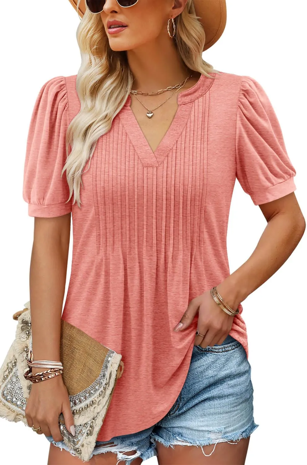 Women's V-neck Loose Pleated Short-sleeved Waist Top