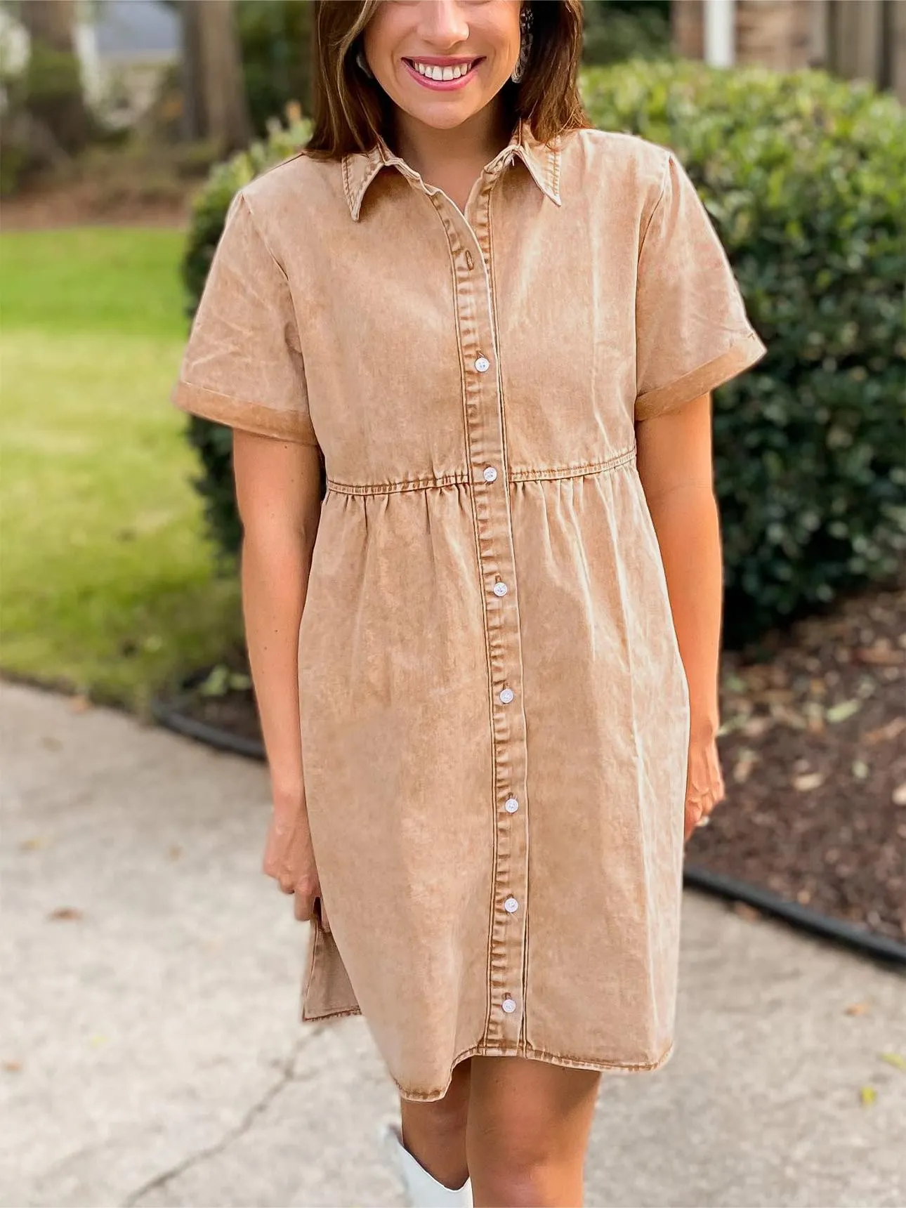 🔥🔥🔥🔥Women's Short Sleeve Button Down Flowy Tiered Babydoll Denim Dress