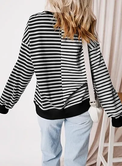 🔥🔥🔥🔥Womens Oversized Sweatshirts Striped Color Block Crewneck Sweatshirt