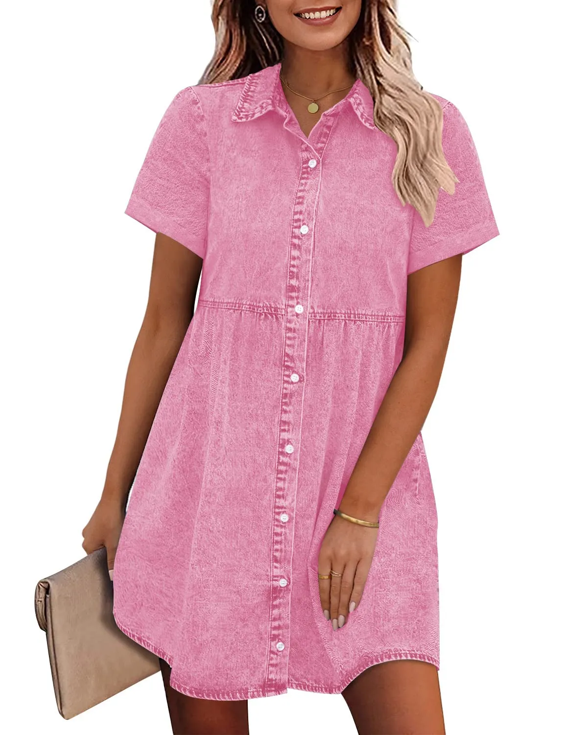 🔥🔥🔥🔥Women's Short Sleeve Button Down Flowy Tiered Babydoll Denim Dress