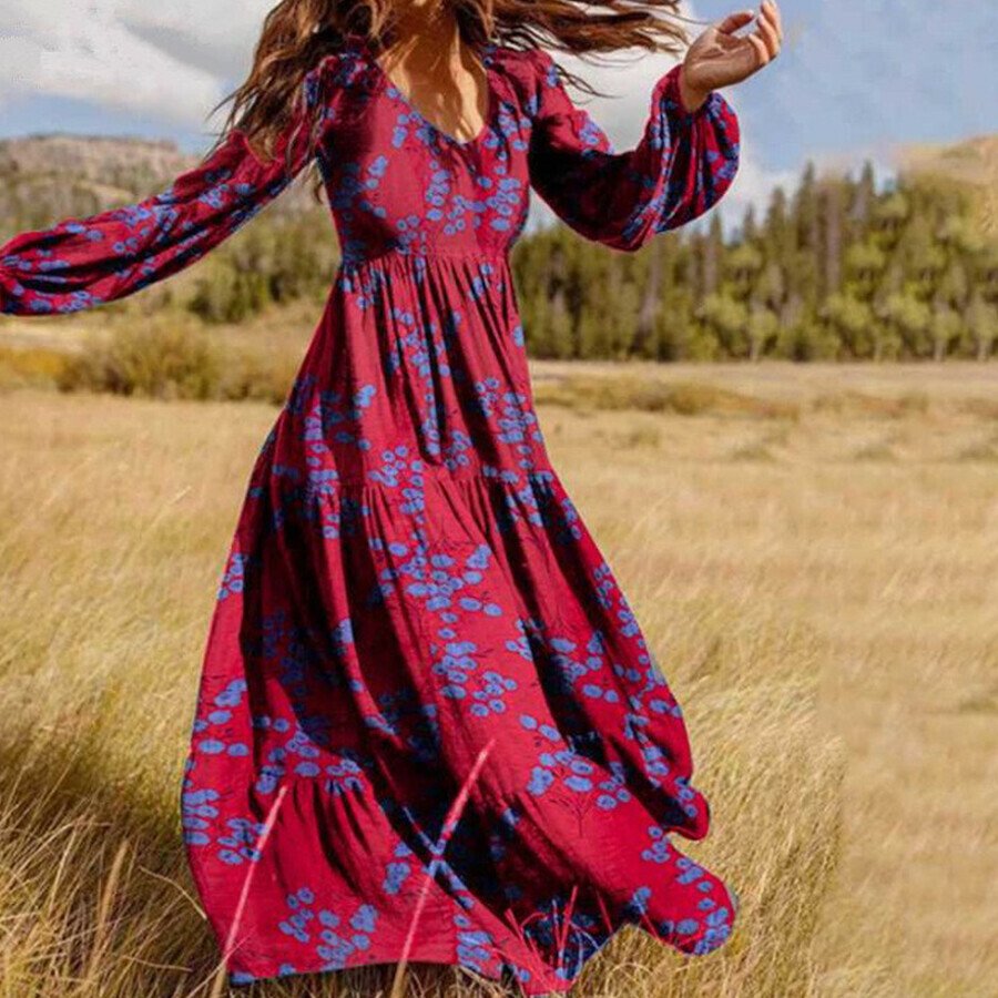 Floral Long Sleeve V-Neck Dress