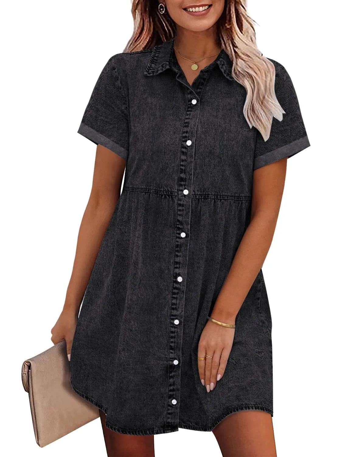🔥🔥🔥🔥Women's Short Sleeve Button Down Flowy Tiered Babydoll Denim Dress