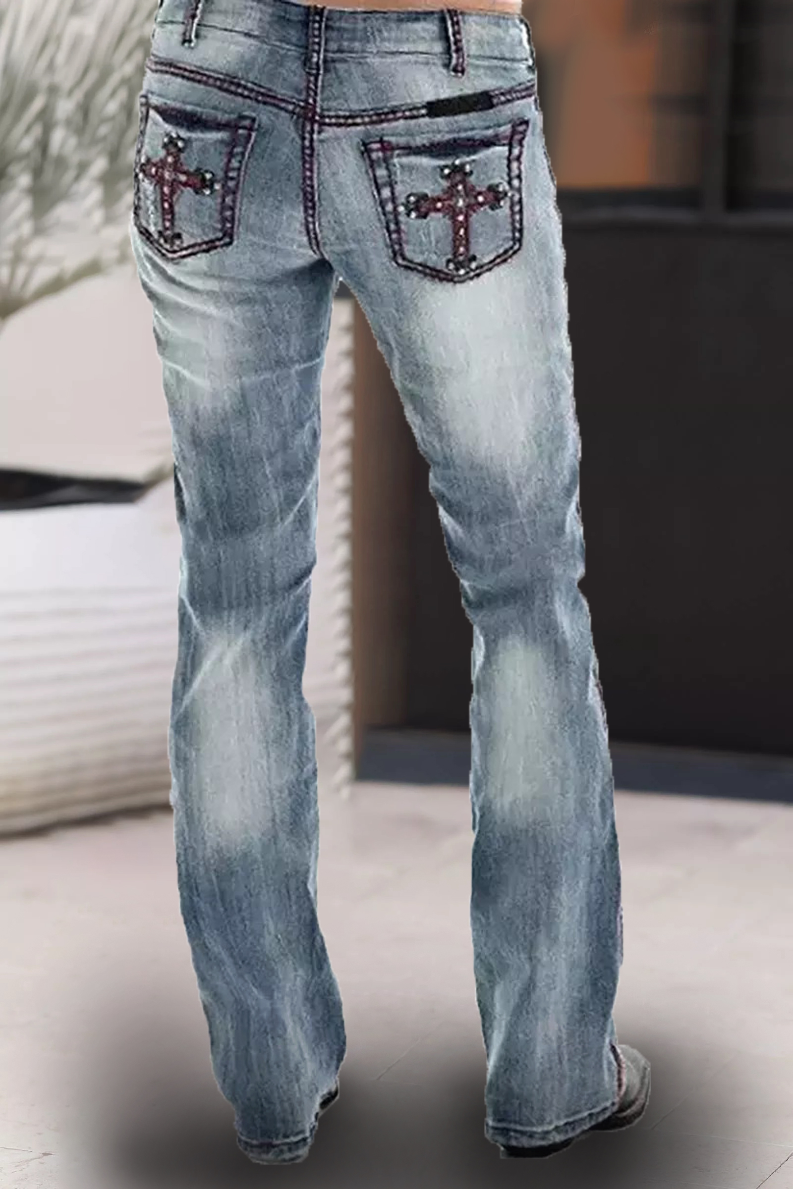 Ladies Fashion Vintage Cross Western Printed Jeans