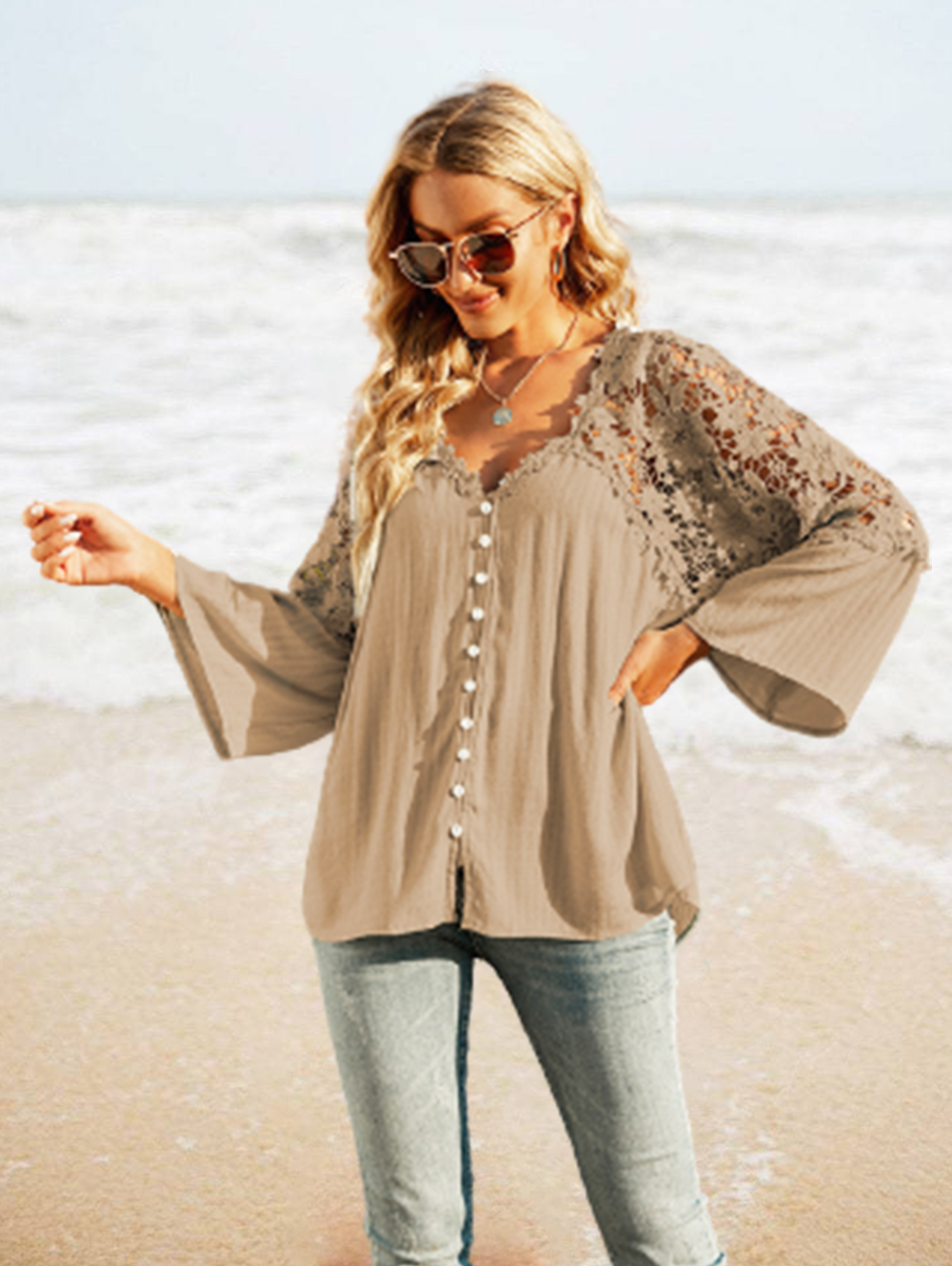 Womens Lace Crochet V Neck Long Sleeve Button Down Shirts Loose Blouses Tops
