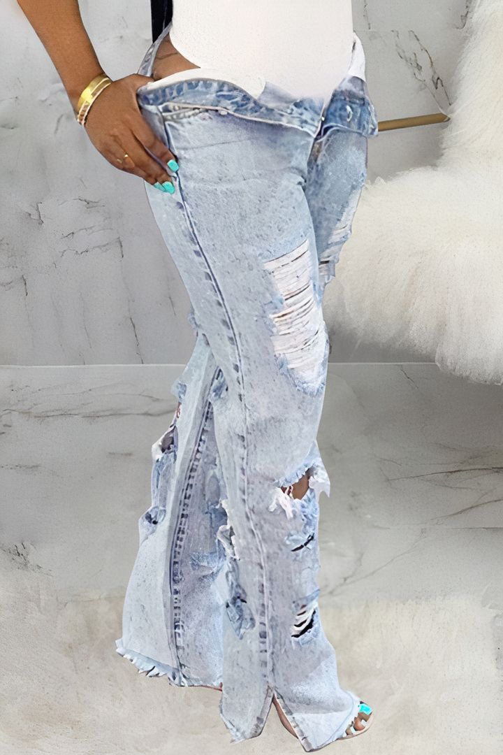 Distressed Frayed Split Hem Straight Leg Jeans