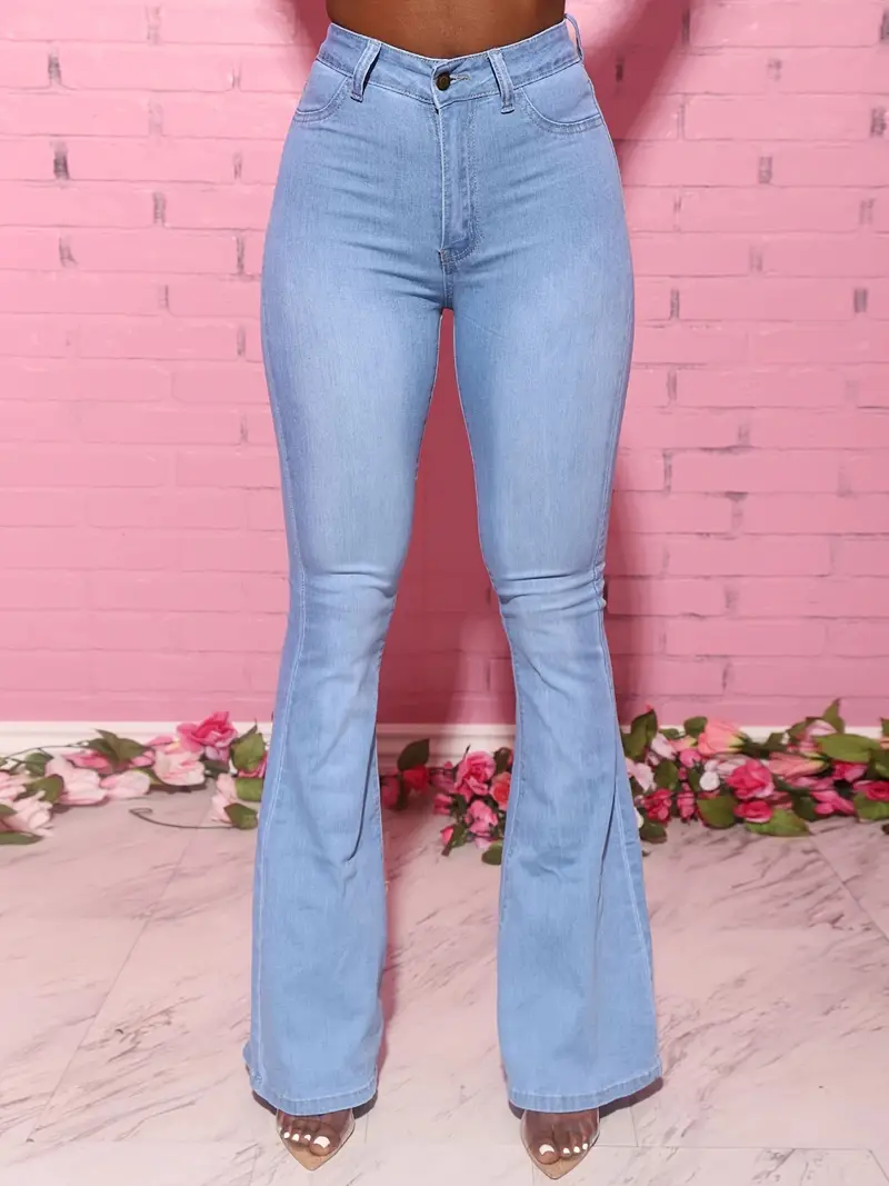 Plus Size High Waist Button Fly Flared Leg Jeans, Women's Plus Casual 